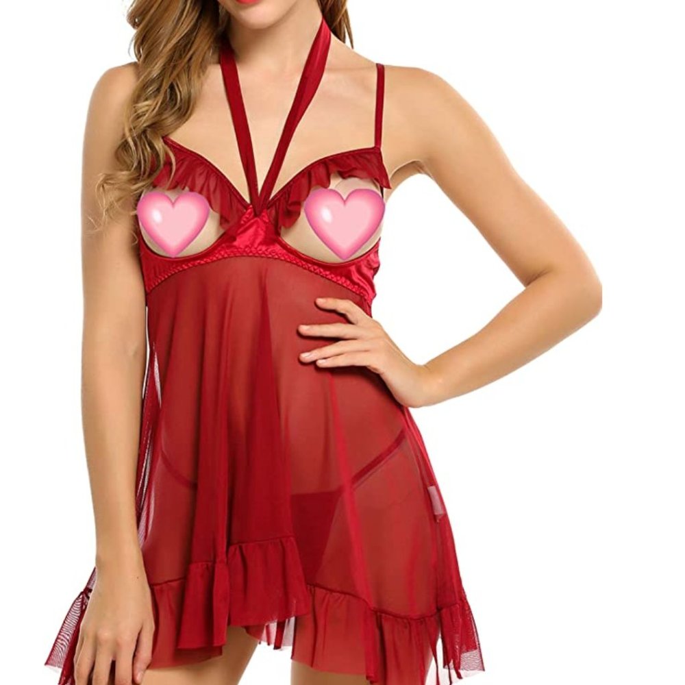 Sheer Halter Babydoll Chemise in Red
